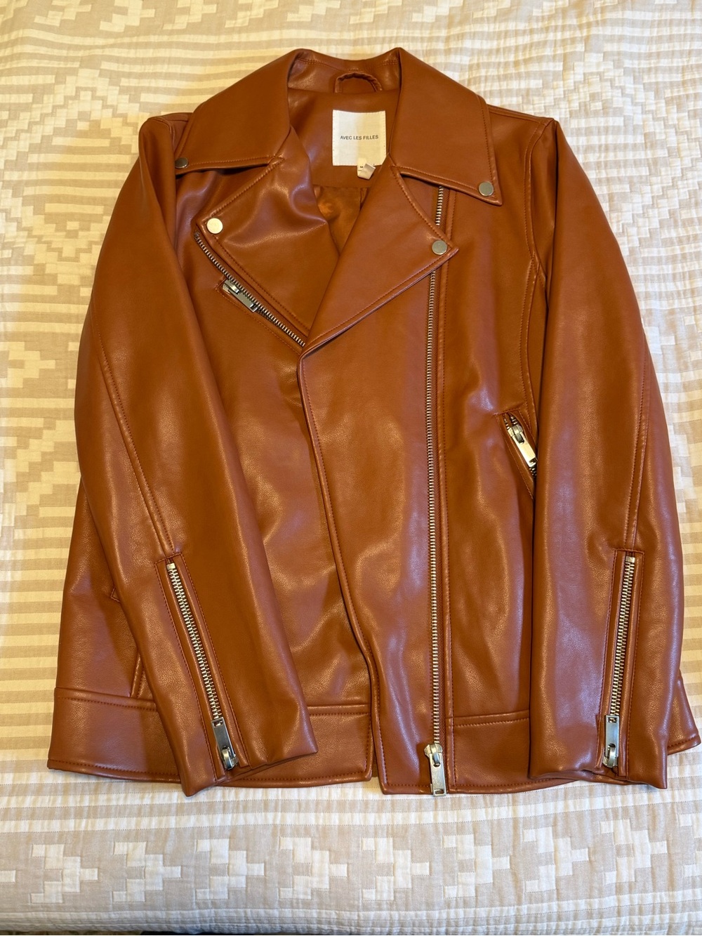 Avec Les Filles Rust Brown Faux Leather Moto Jacket